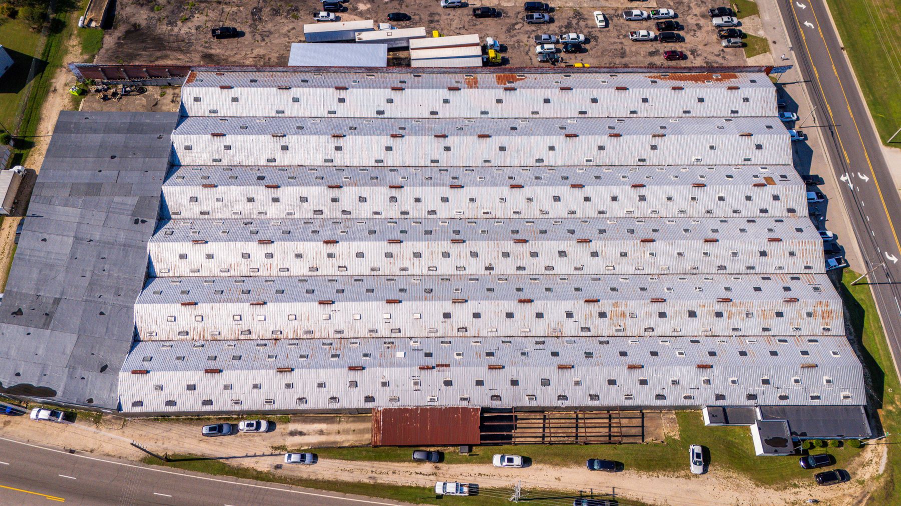 Aerial view of a large industrial warehouse