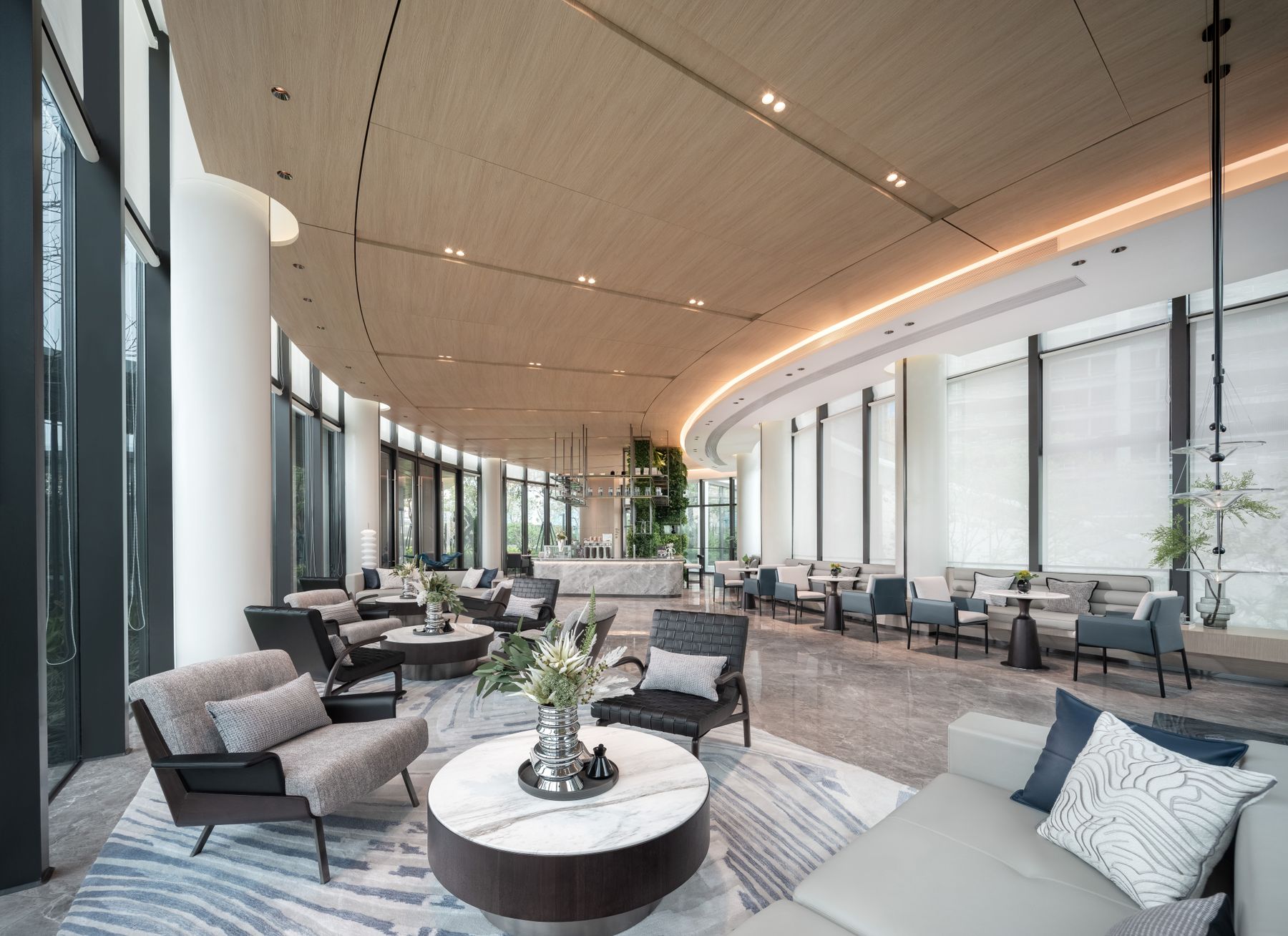 Warmly lit luxury hotel lobby